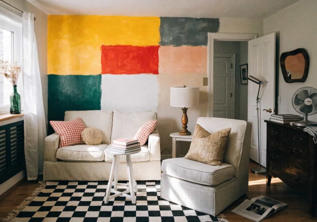 Budget-friendly color-blocked accent wall with thrifted decor