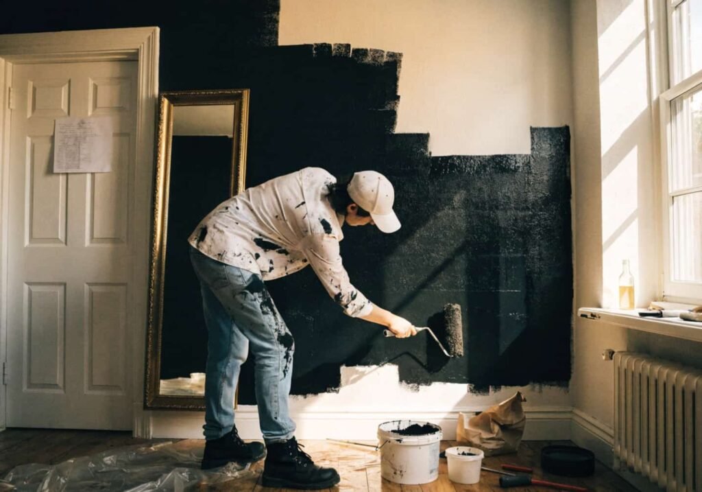 Person painting a black accent wall during a home makeover