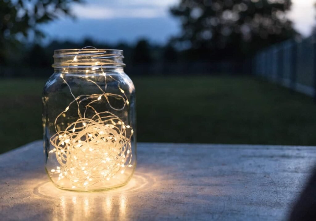 Mason jar filled with warm white fairy lights for a cozy fall centerpiece