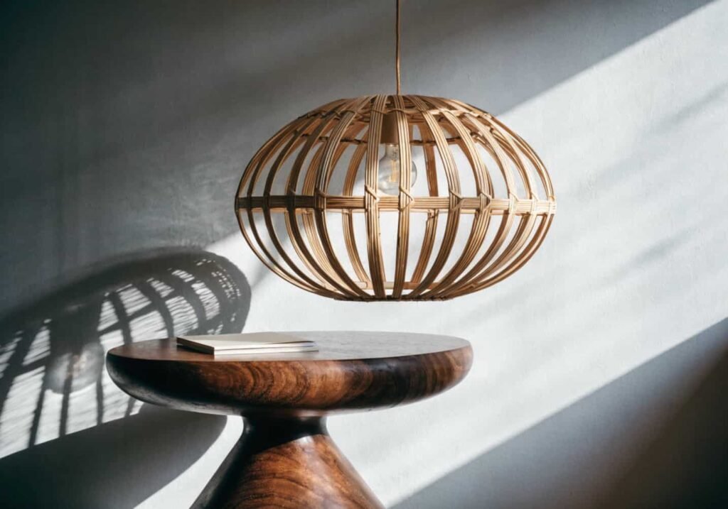 Rattan pendant light and wood furniture in a gray boho space