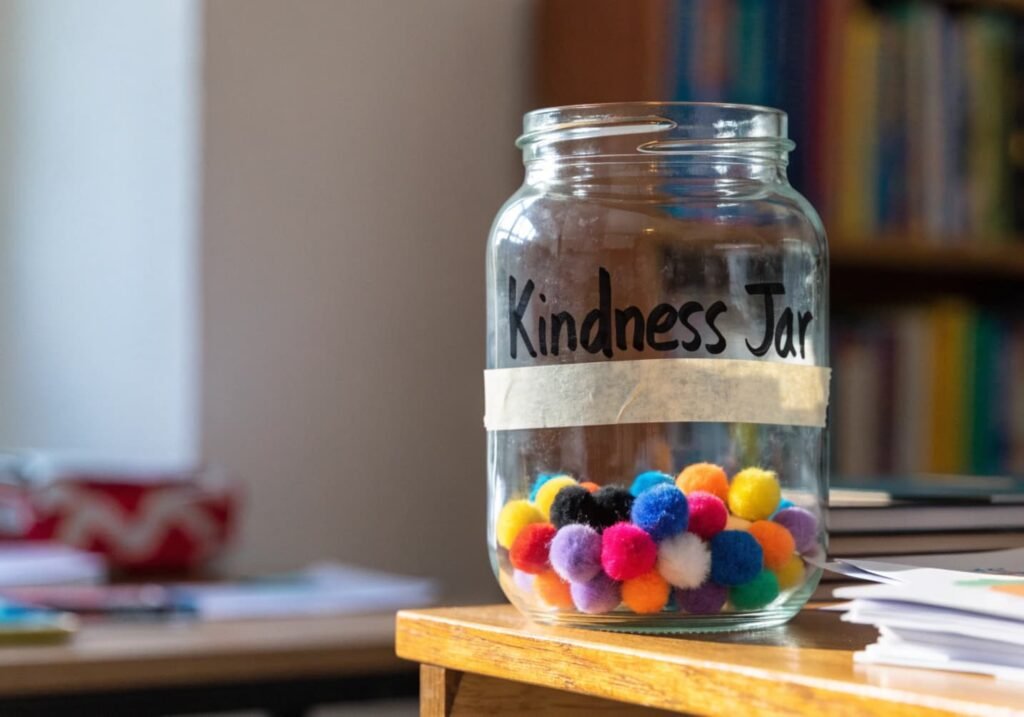 Classroom kindness jar filled with pom-poms tracking acts of kindness