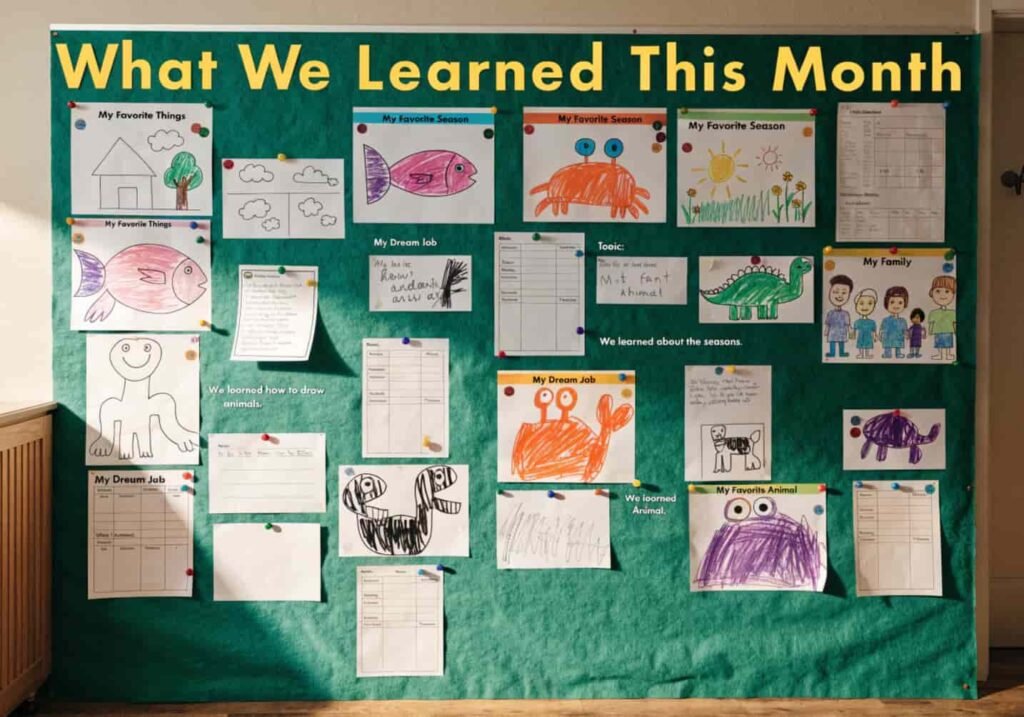 Kindergarten bulletin board displaying student work for November