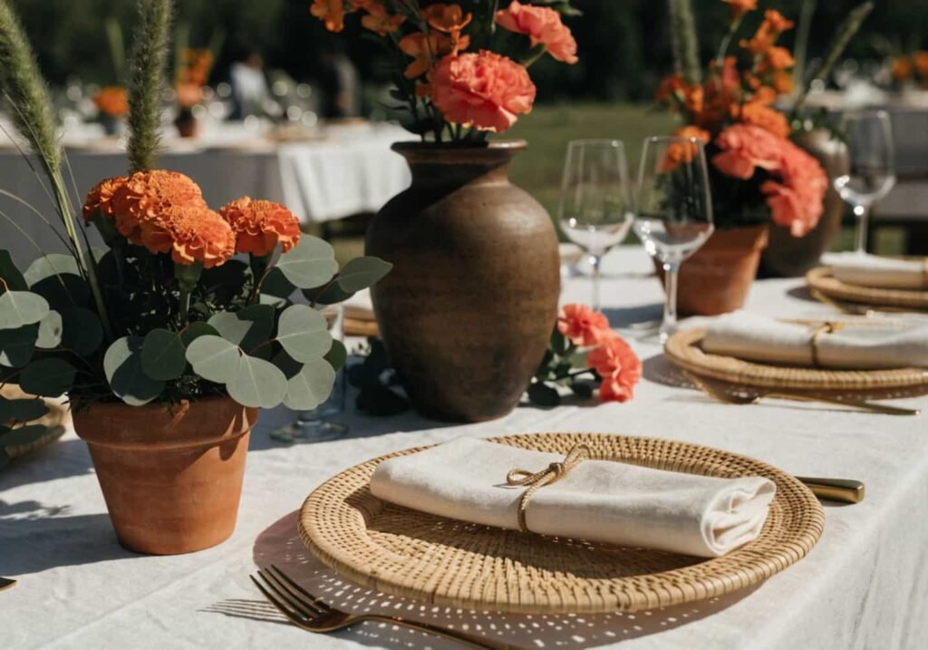Summer wedding decor using terracotta and rattan details with bold color accents.