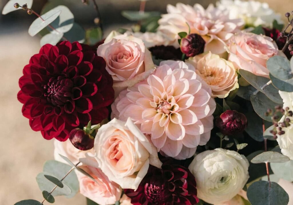 A bridal bouquet with dahlias and garden roses matching a burgundy and blush wedding palette.