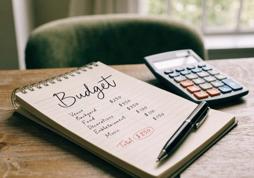 Budget planning notebook for a small backyard reception.