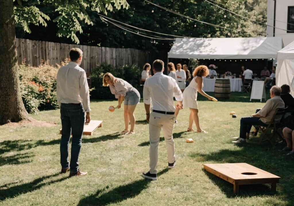 Guests enjoying lawn games at a casual backyard wedding reception.