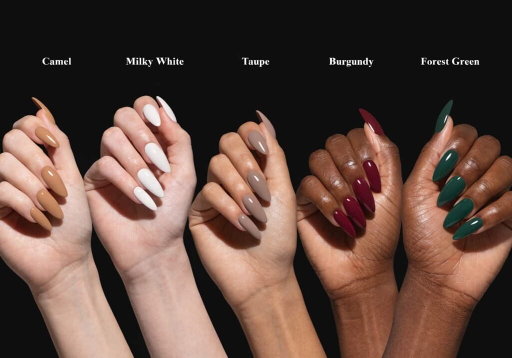 Five classy acrylic nail color options displayed side by side.