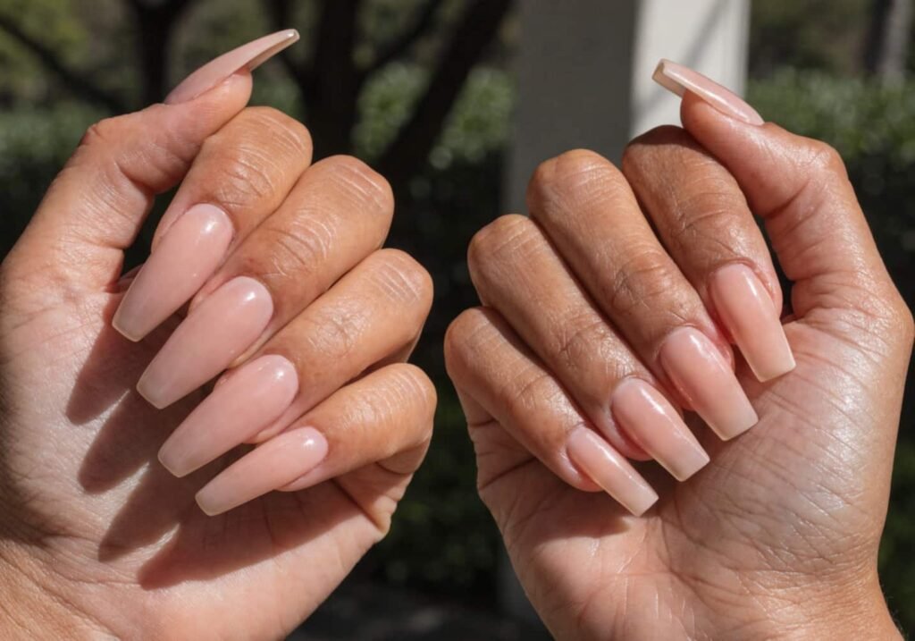 Comparison of long almond and short squoval nail shapes in nude polish