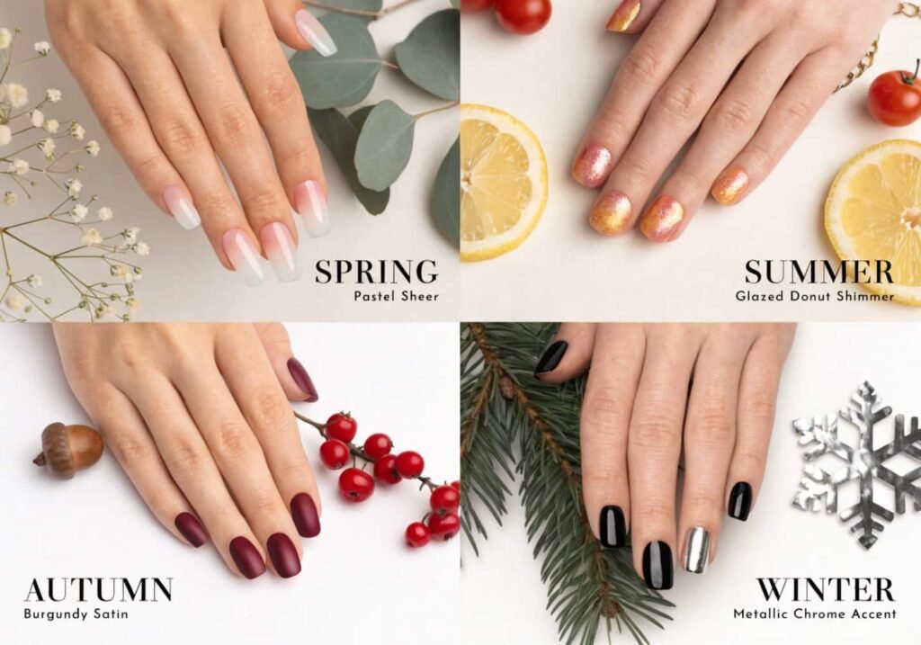 Grid of four seasonal elegant nail trends showing spring, summer, fall, and winter manicure styles.