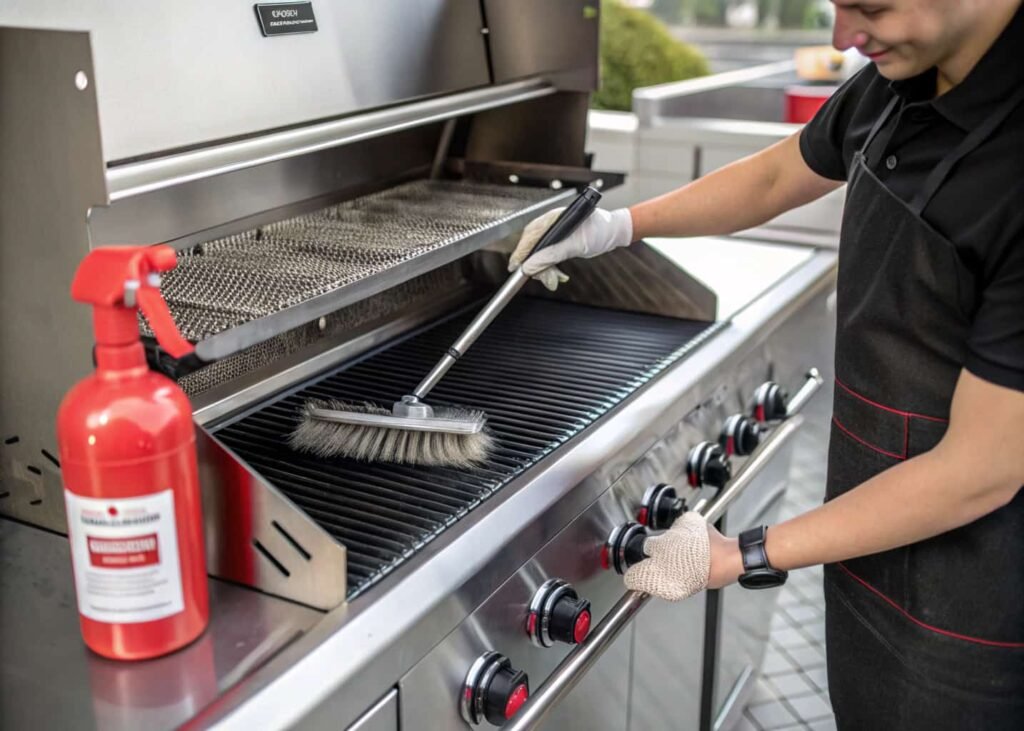 Person performing routine maintenance and cleaning on a built-in outdoor grill station