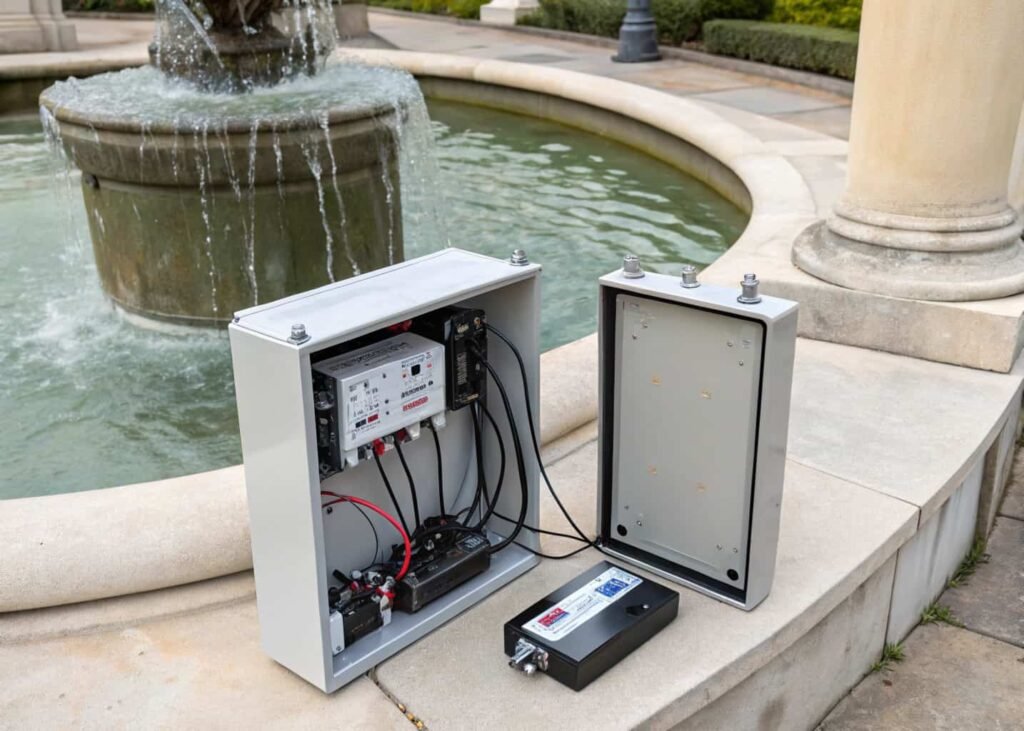 Weatherproof battery backup box installed beside a solar-powered garden fountain