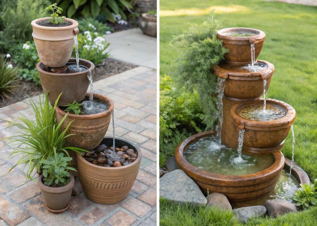 DIY fountain build compared to a manufactured outdoor garden fountain.