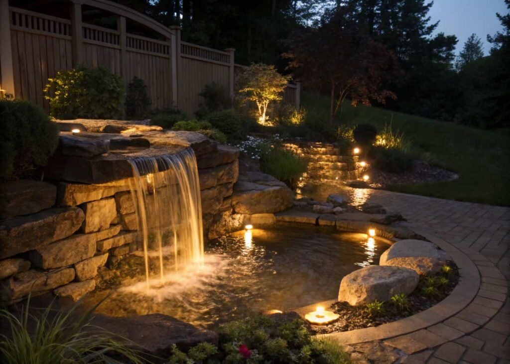 Nighttime pondless waterfall lit with warm submersible LED lighting.
