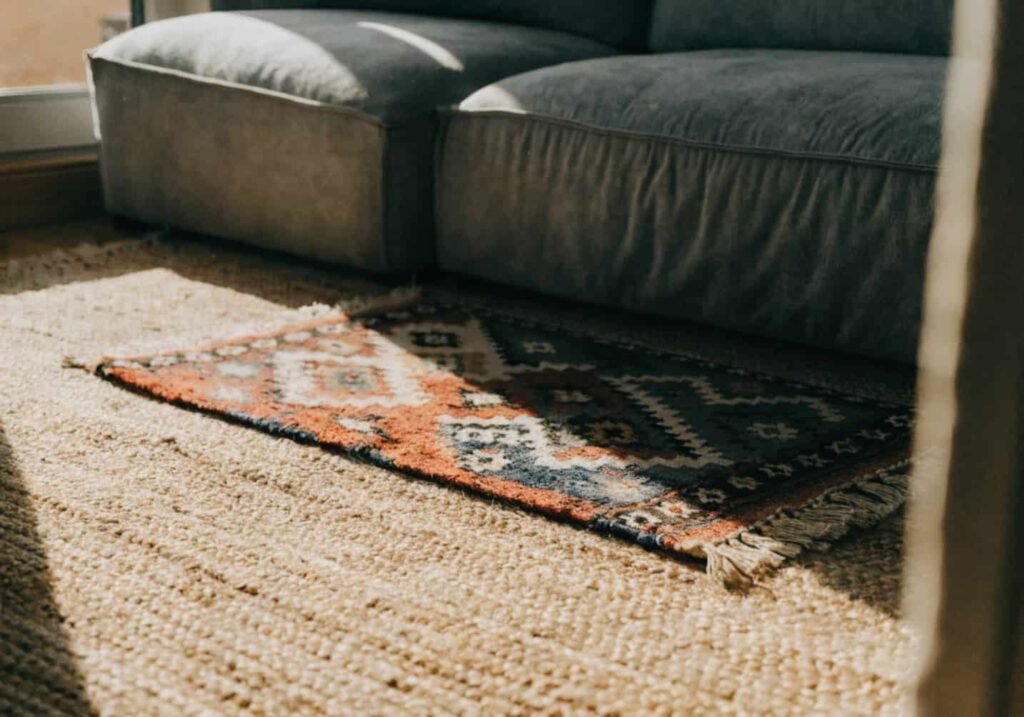Layered jute and Moroccan rugs in front of a grey couch