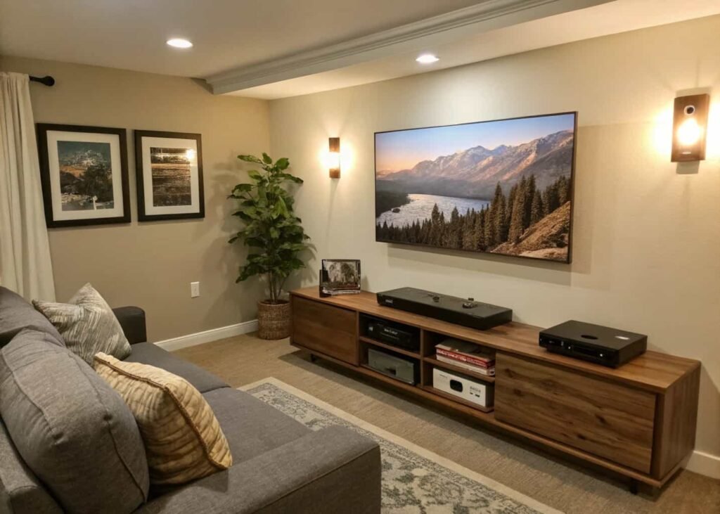 Small living room with a wall-mounted TV and floating shelf.