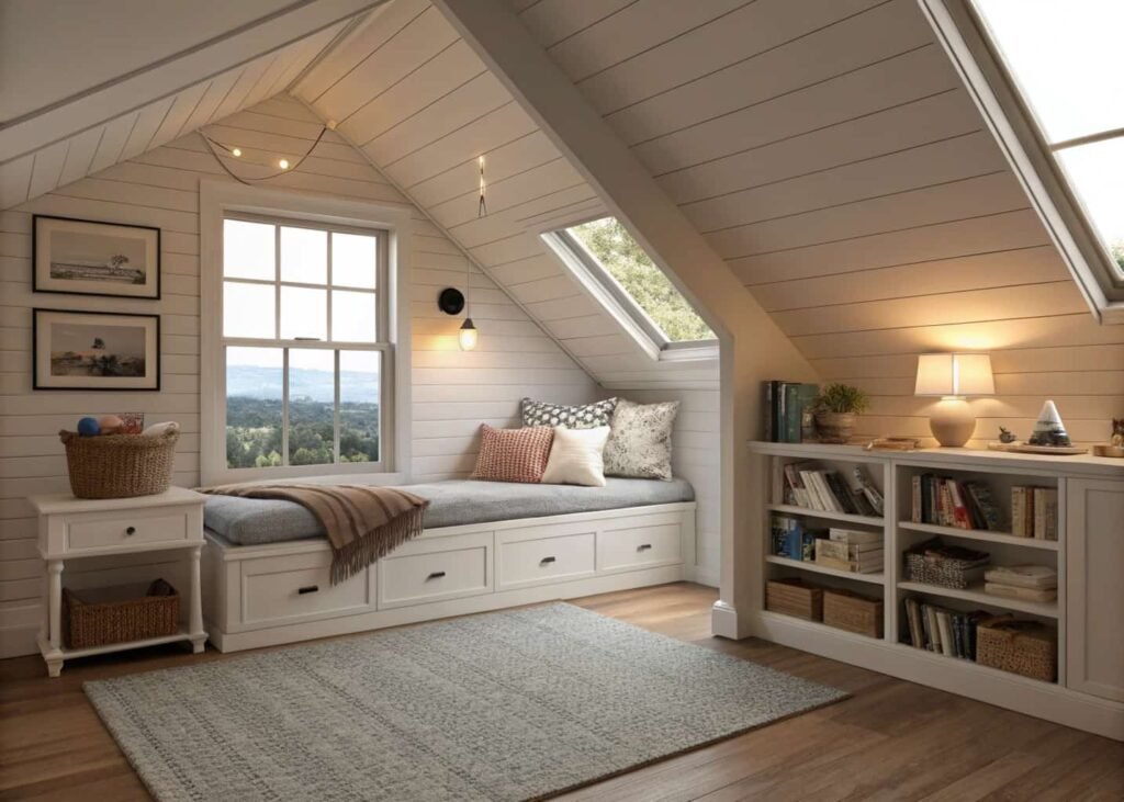 Bedroom designed around a sloped ceiling and window alcove