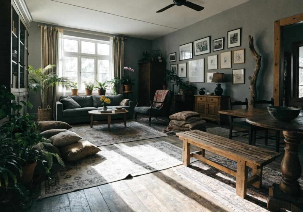 Full gray boho living room styled with layered textures and plants