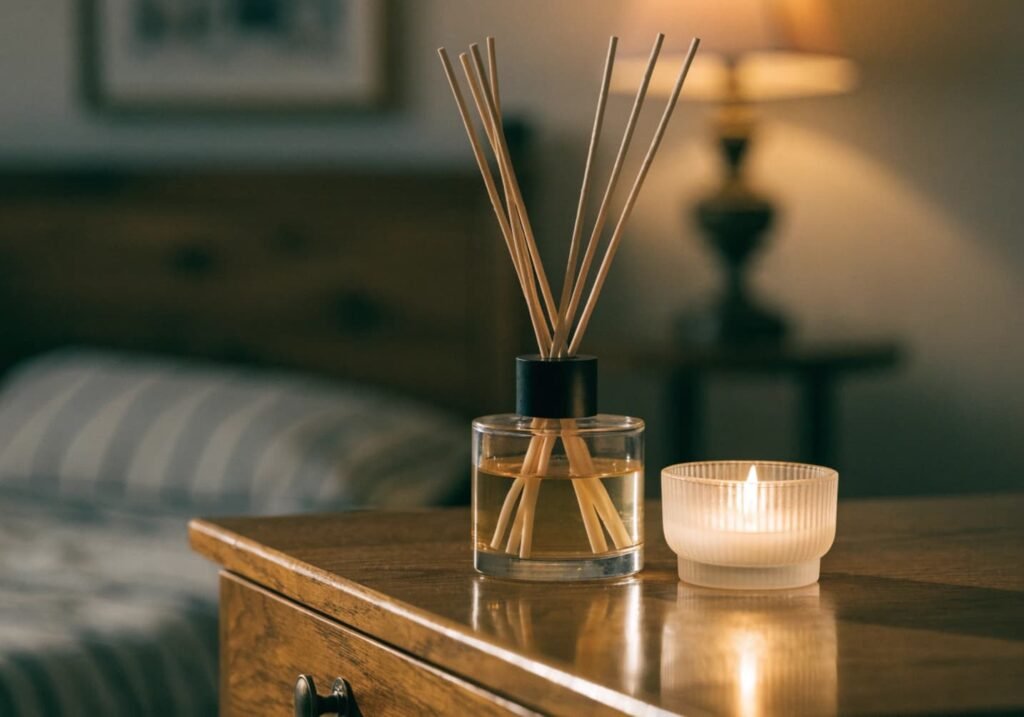 Reed diffuser and candle adding warm scent to a moody bedroom