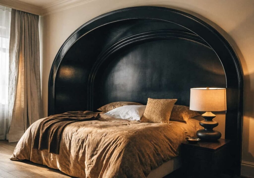 Bed framed by an arched black feature wall panel creating a dramatic focal point.