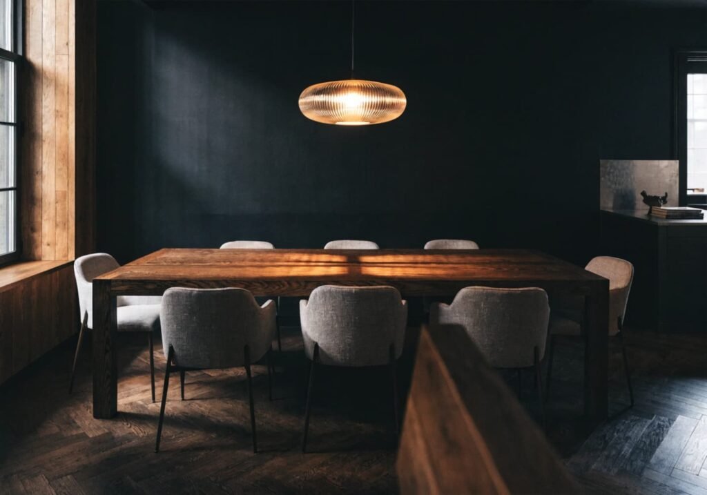 Dining room with a dramatic black accent wall and warm shadows