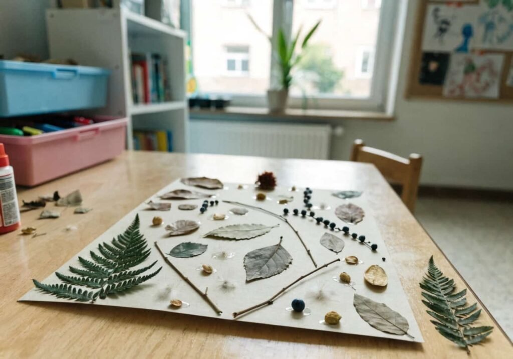 Kindergarten nature collage craft using leaves and twigs glued onto cardstock