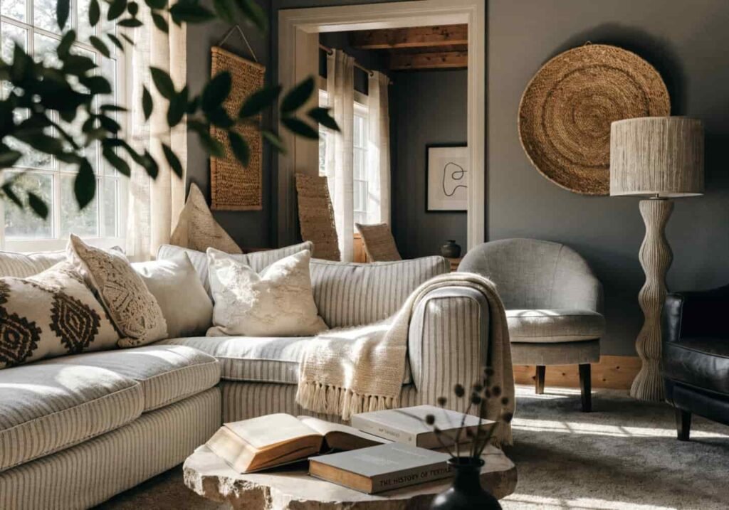 Finished gray boho living room with calming final decor touches