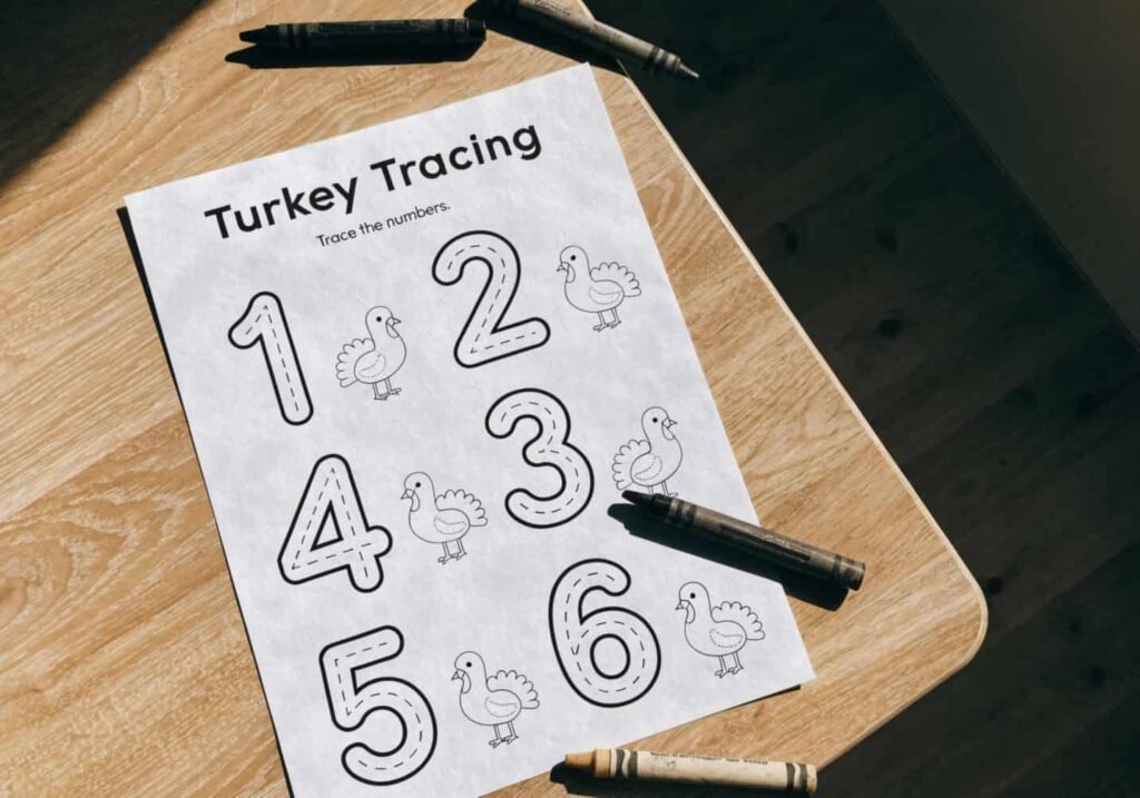 Fall-themed kindergarten worksheet with a turkey number tracing activity