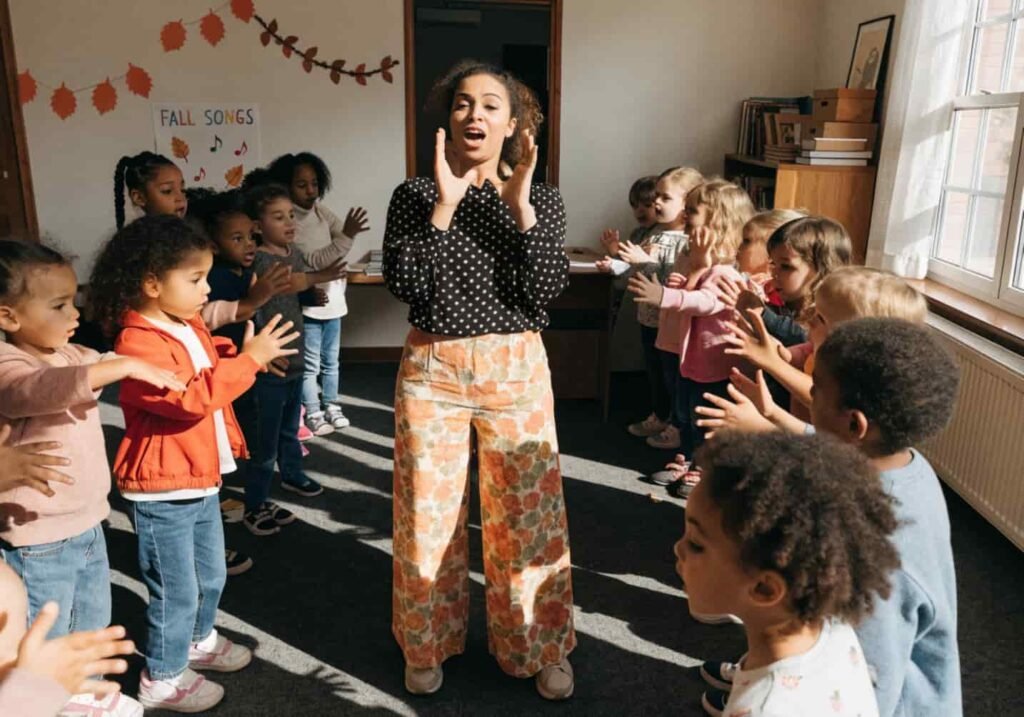 Kindergarten class singing a fall song with hand motions in a classroom circle.