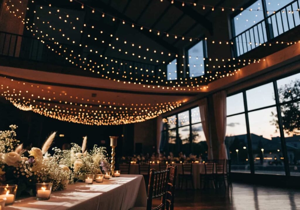 Warm string lighting at a wedding reception affecting how the table colors appear.