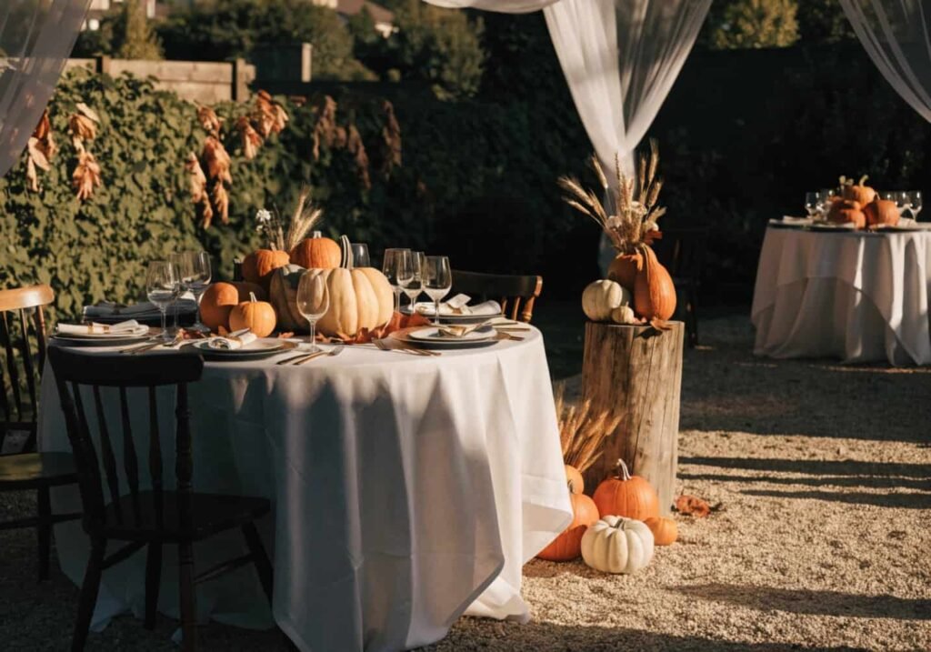 Seasonal autumn wedding decor with pumpkins and dried leaves
