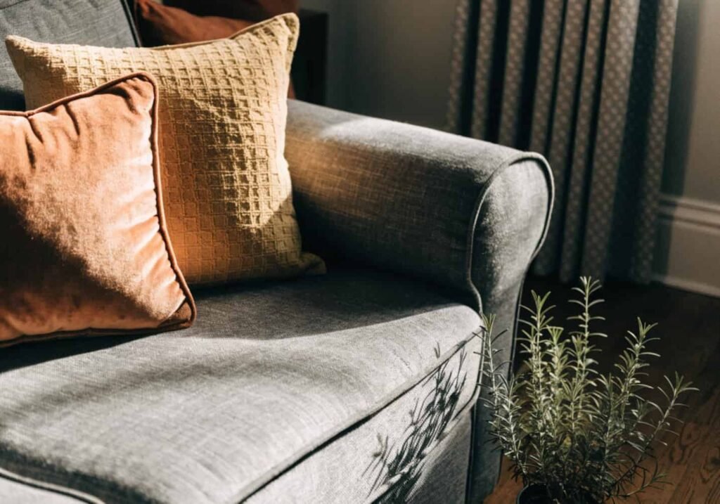 Grey couch with terracotta and mustard cushions for color contrast