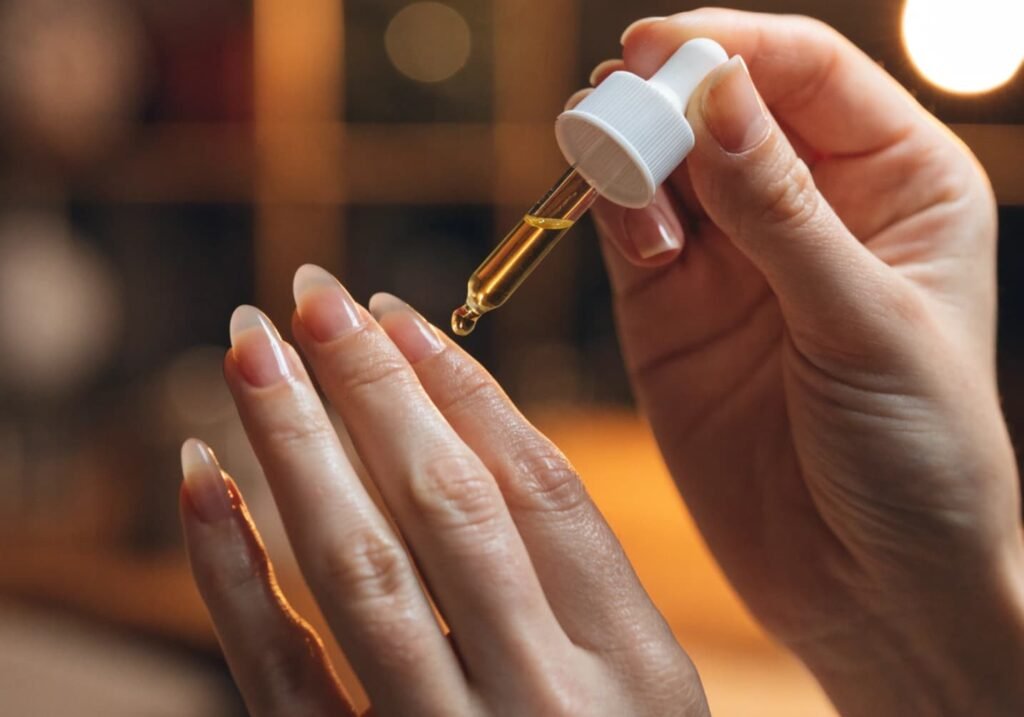 Applying cuticle oil to maintain an embellished manicure.