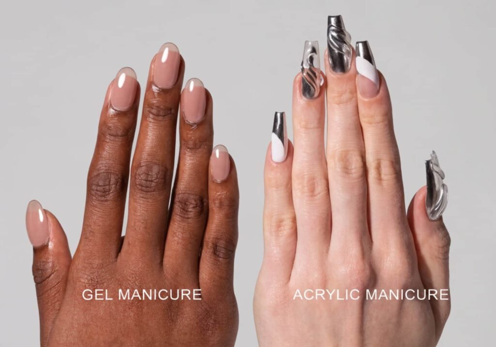 Comparison of glossy gel manicure and sculpted acrylic nails