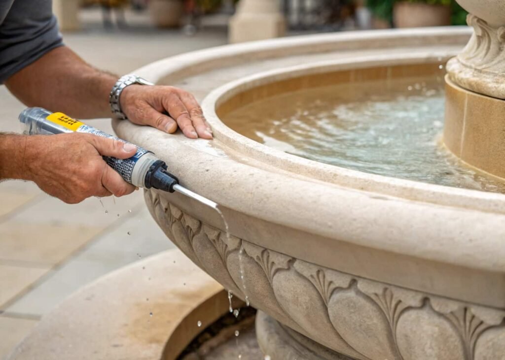 Applying silicone sealant to waterproof the seams of an outdoor fountain basin