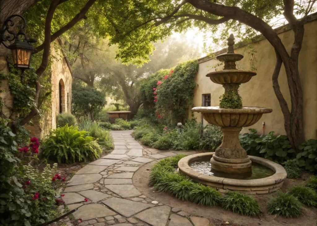 Outdoor water fountain placed in a garden away from tree cover.