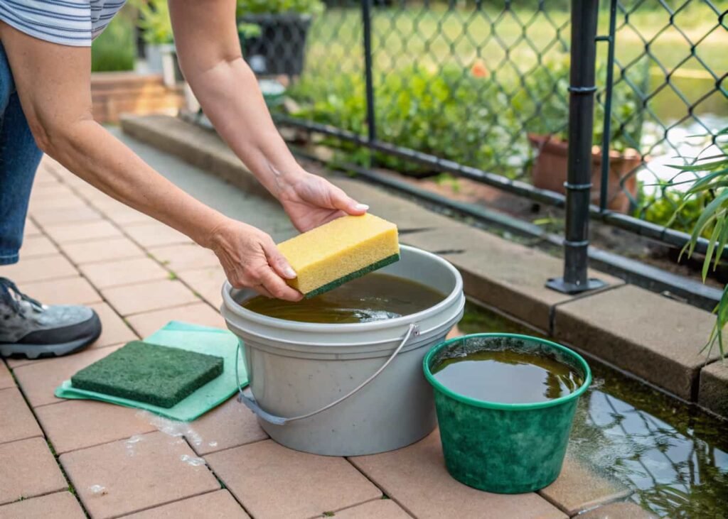 Hands rinsing a pond filter sponge during routine monthly maintenance.