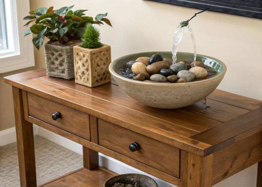 Indoor DIY fountain with river stones in ceramic bowl