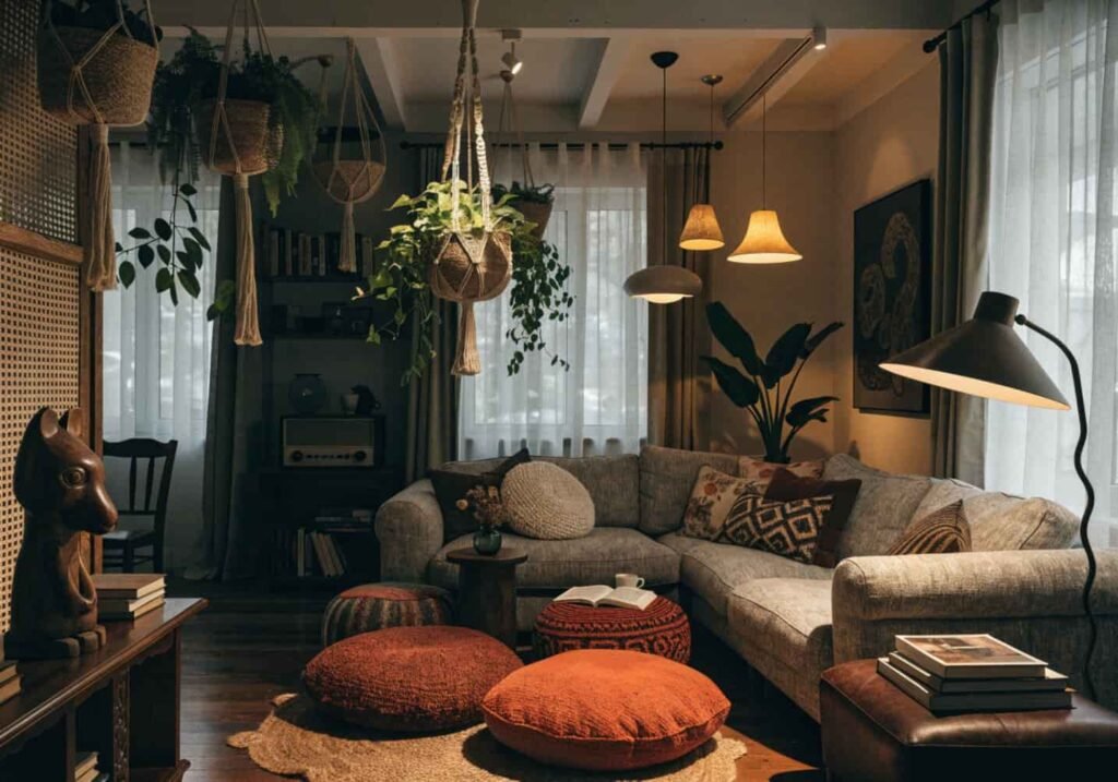 Styled boho grey living room combining texture, plants, and warmth