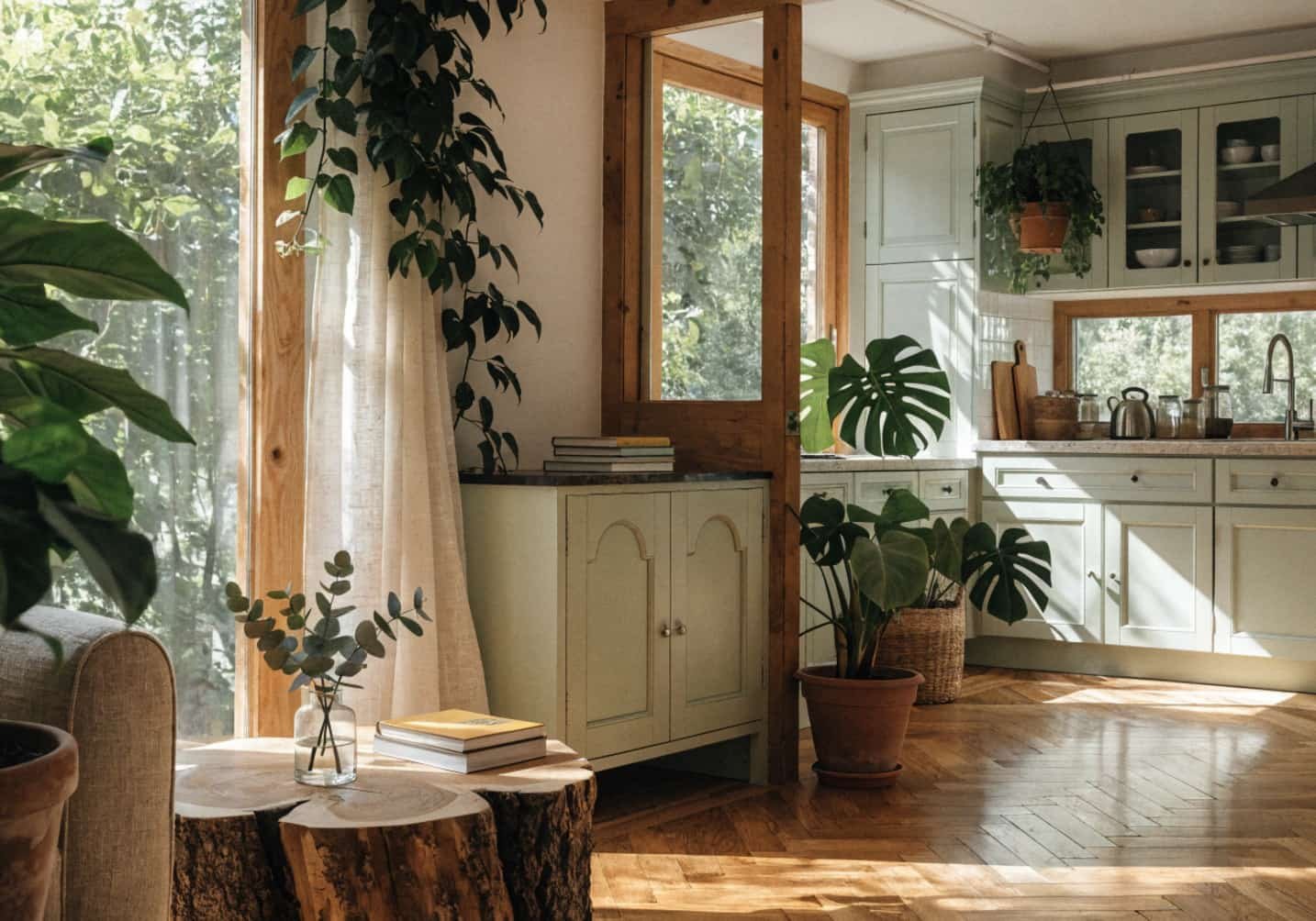 Green Living Room and Kitchen Decor Ideas