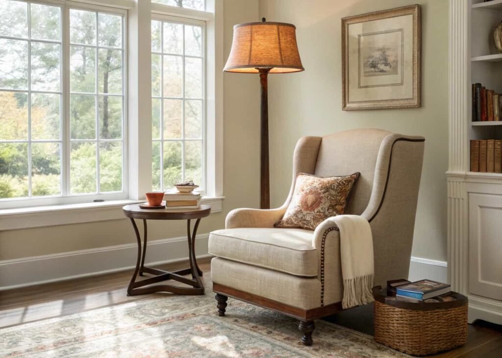 Spacious living room with a cozy reading nook corner.