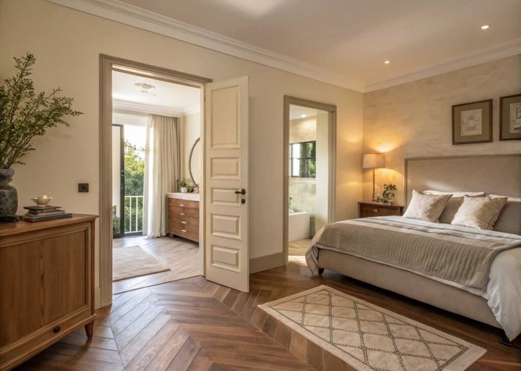 Bedroom with smooth flow into an attached ensuite bathroom