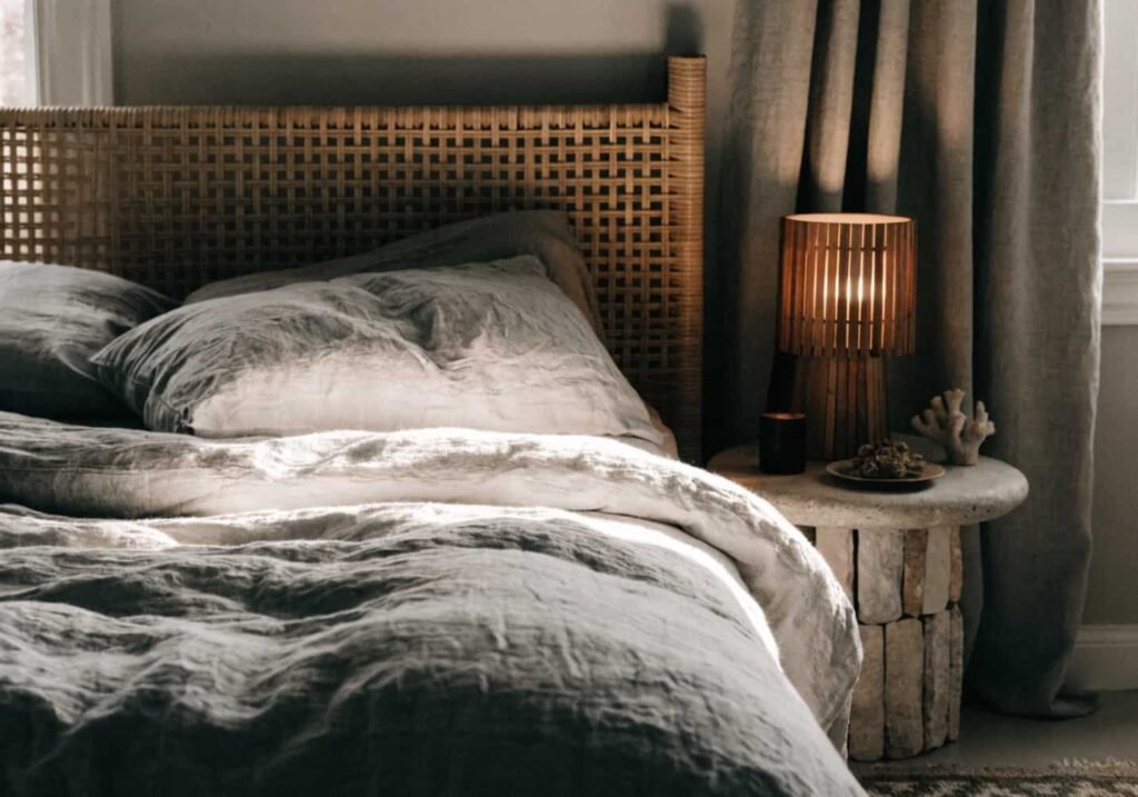 Gray boho bedroom with linen bedding and rattan headboard