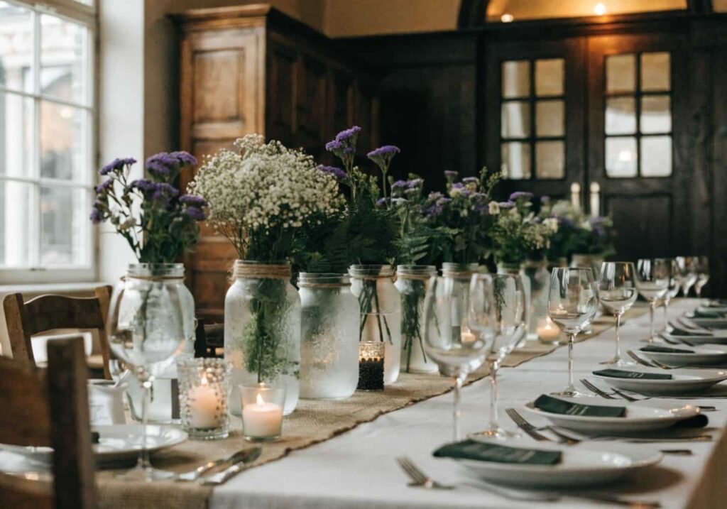  Fall table setting with mason jar centerpieces at varying heights along a burlap runner