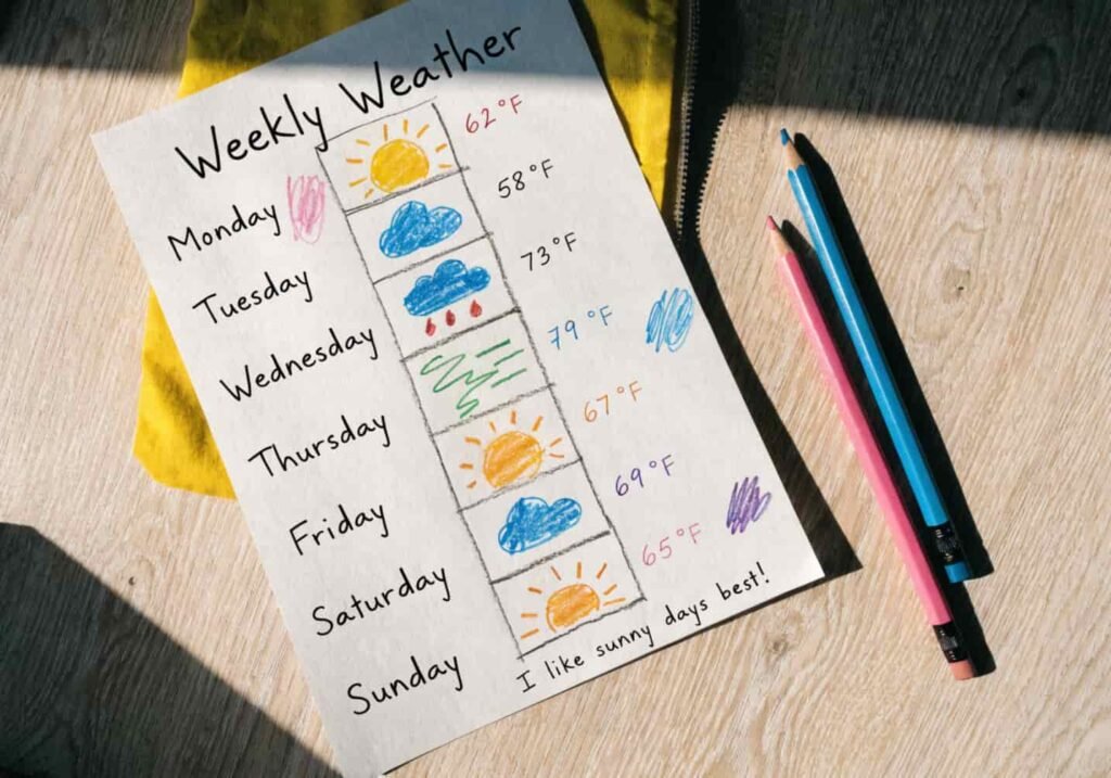 Kindergarten weather observation journal page with weekly weather icons