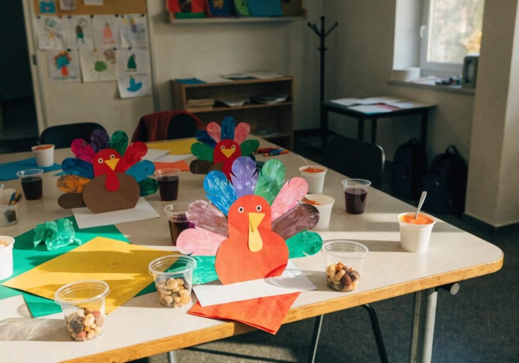 Kindergarten classroom party table with turkey crafts and snack cups for a fall celebration