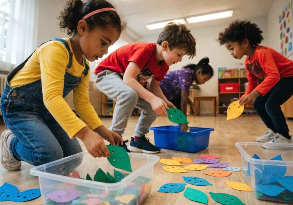 Indoor leaf sorting relay game for kindergarten on a cold day