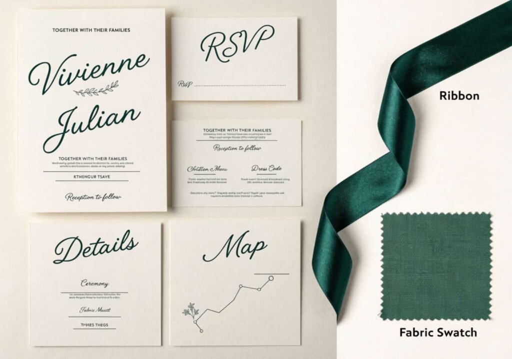 Wedding invitation suite matched against fabric swatches for accurate color printing.