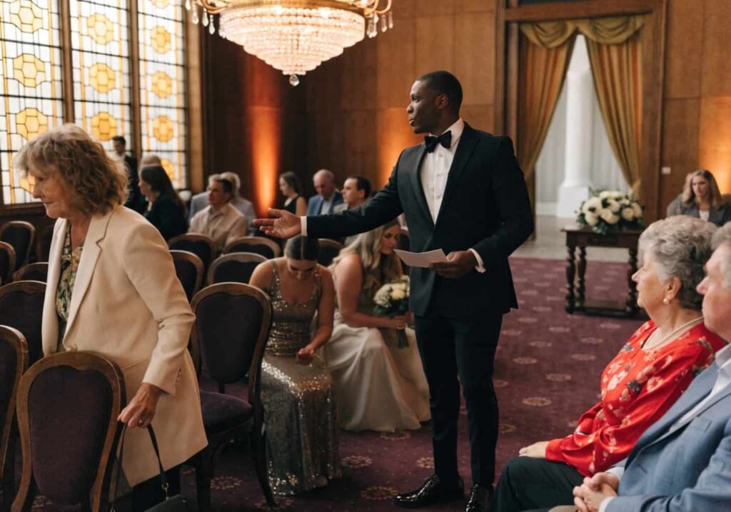 Usher guiding guests to their seats before indoor wedding ceremony