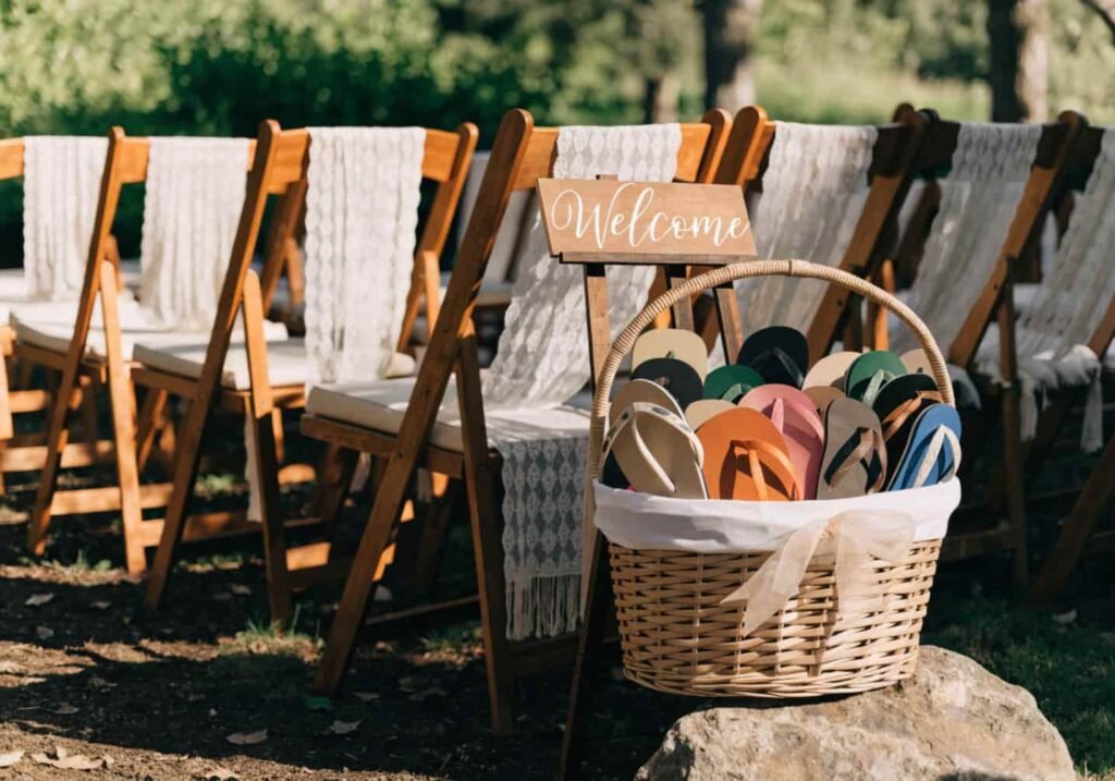 Comfort station with flip-flops and essentials for backyard wedding guests.