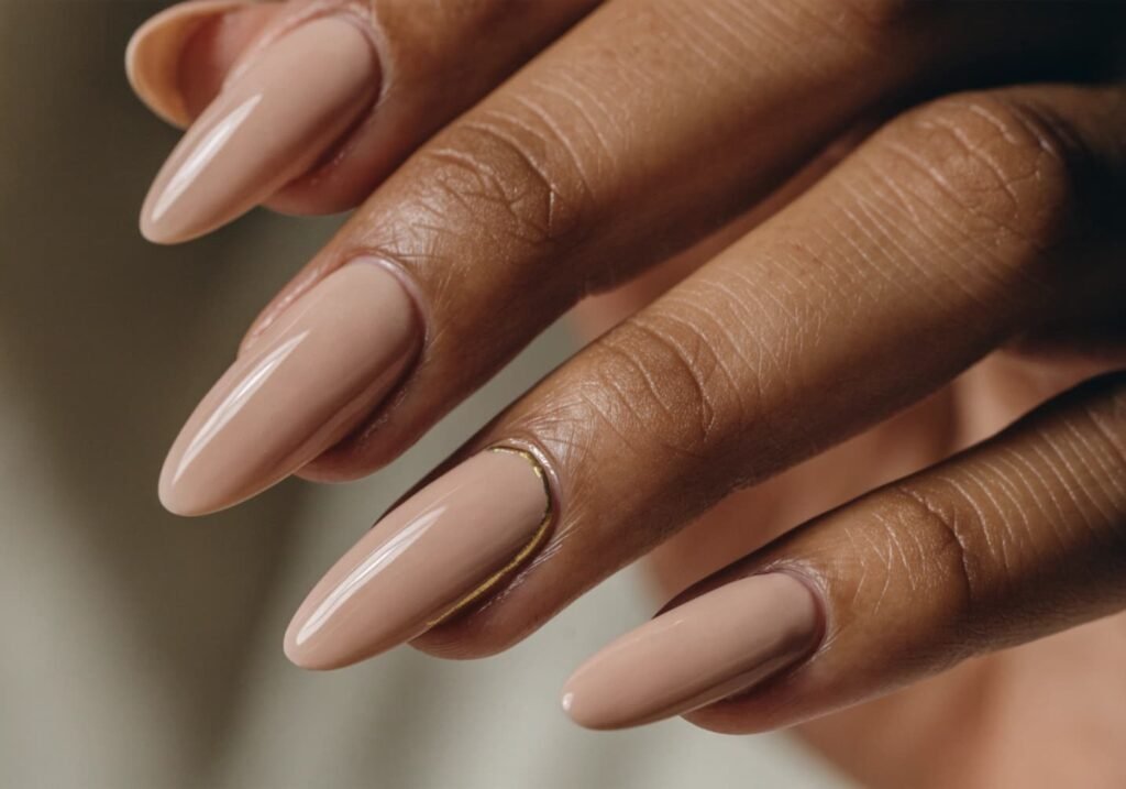 Nude acrylic nail set with a single gold line accent nail design.